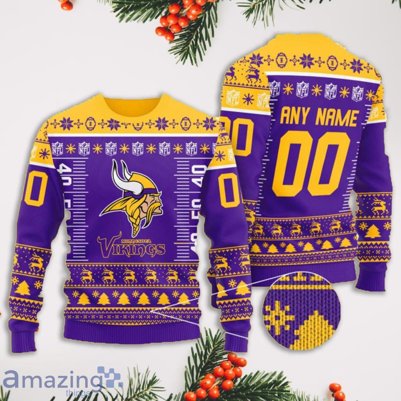Custom Name And Number NFL Logo Minnesota Vikings Full Print Ugly Christmas Sweater Product Photo 1