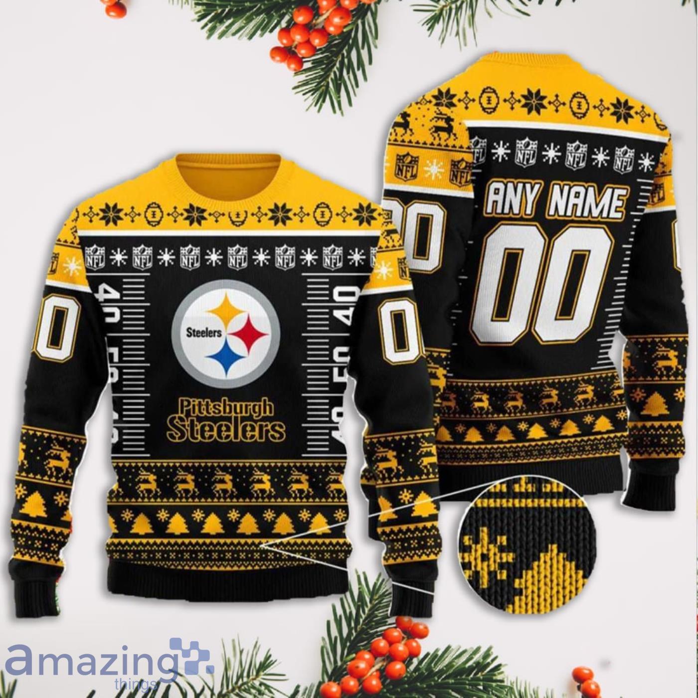 Custom Name And Number NFL Logo Pittsburgh Steelers Full Print Ugly Christmas Sweater Product Photo 1