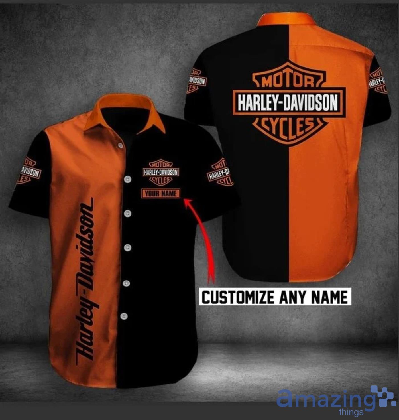 Custom Name Harley Davidson Black And Orange Hawaiian Shirt Product Photo 1