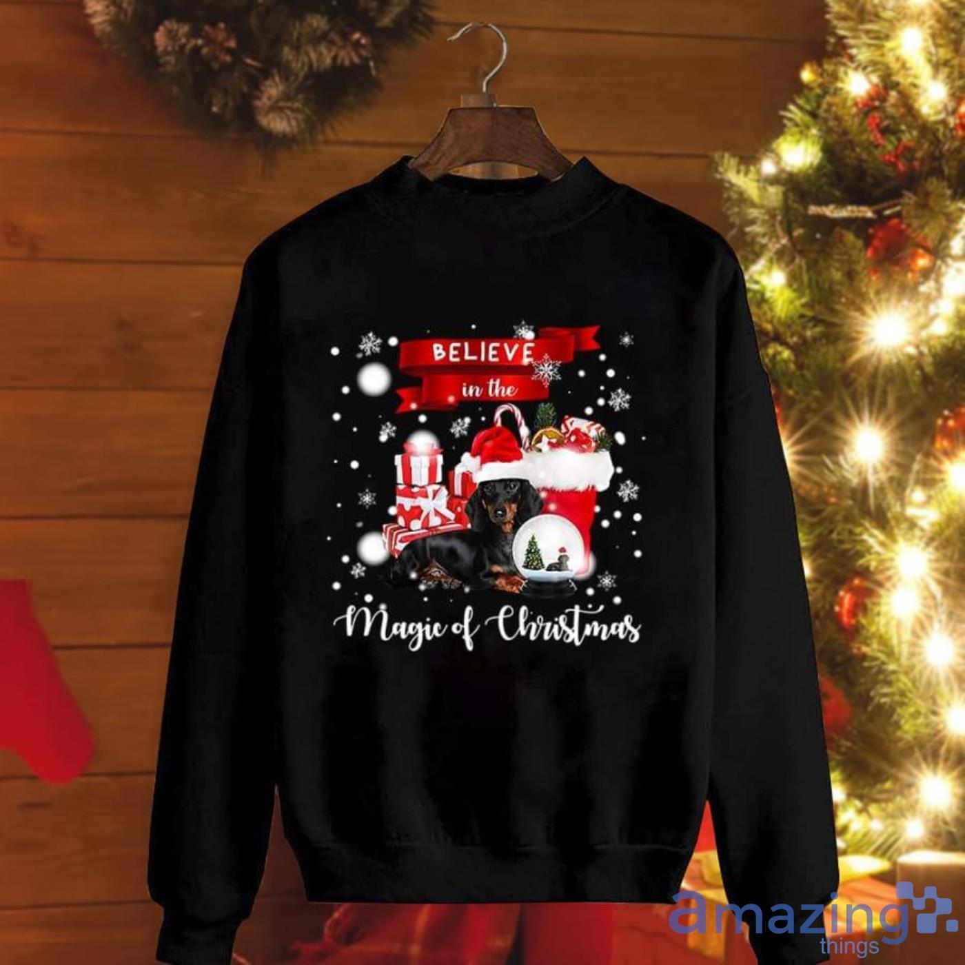 Dachshund Dog Christmas Believe In Magic Of Christmas Santa Hat Snow Christmas Sweatshirt Product Photo 1