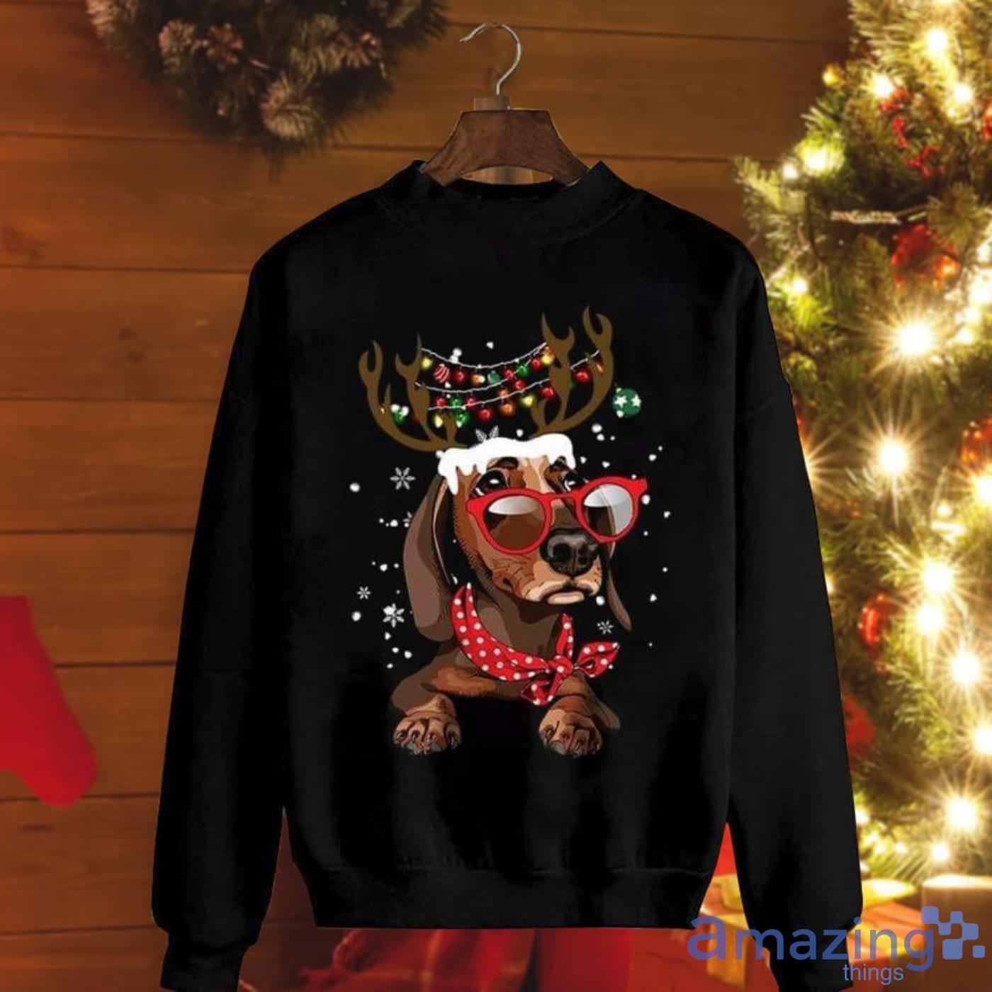 Dachshund Dogs Wearing Red Glasses Snow Season Winter Gift Colorful Christmas Sweatshirt Product Photo 1