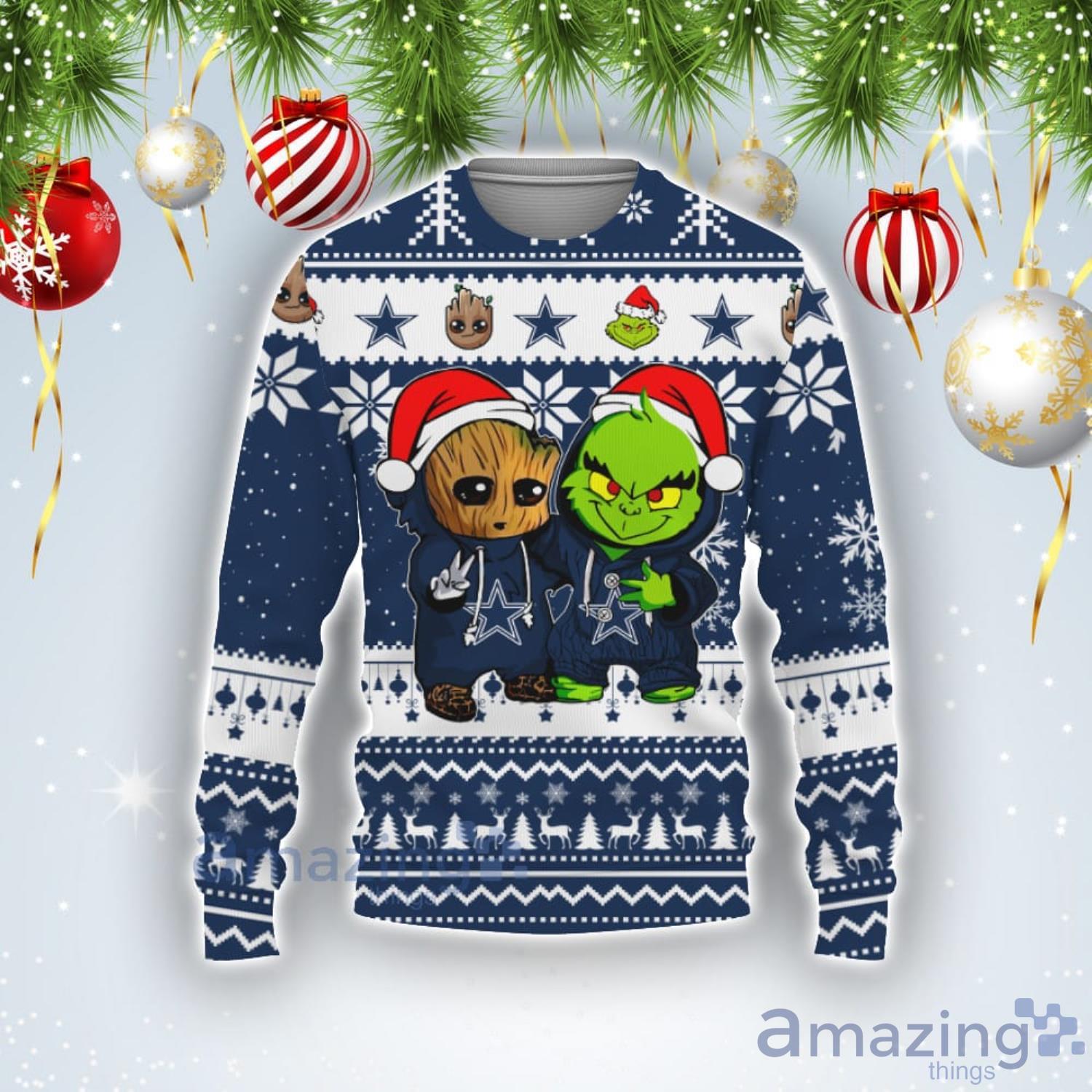 Dallas Cowboys Baby Groot And Grinch Best Friends Football American Ugly Christmas Sweater Product Photo 1