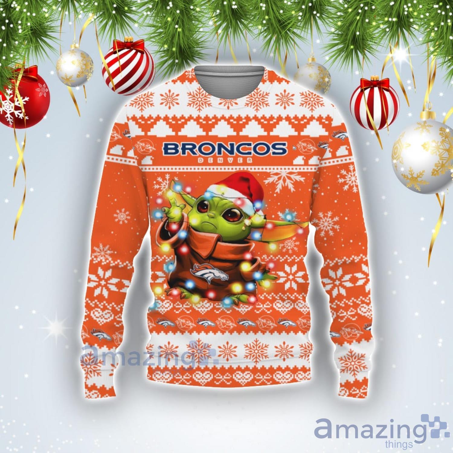 Denver Broncos Cute Baby Yoda Grogu Holiday Party Ugly Christmas Sweater –