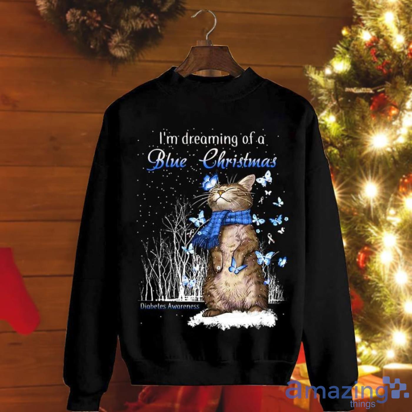 Diabetes Awareness I’m Dreaming Of A Bue Christmas Cat Love Butterfly Flying Arround Christmas Sweatshirt Product Photo 1