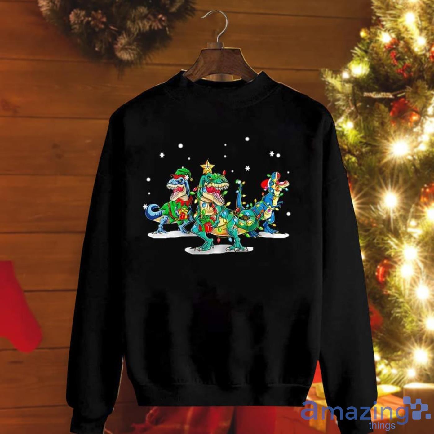 Dinosaur Santa Hat Light Gifts Snowflakes Christmas Sweatshirt Product Photo 1