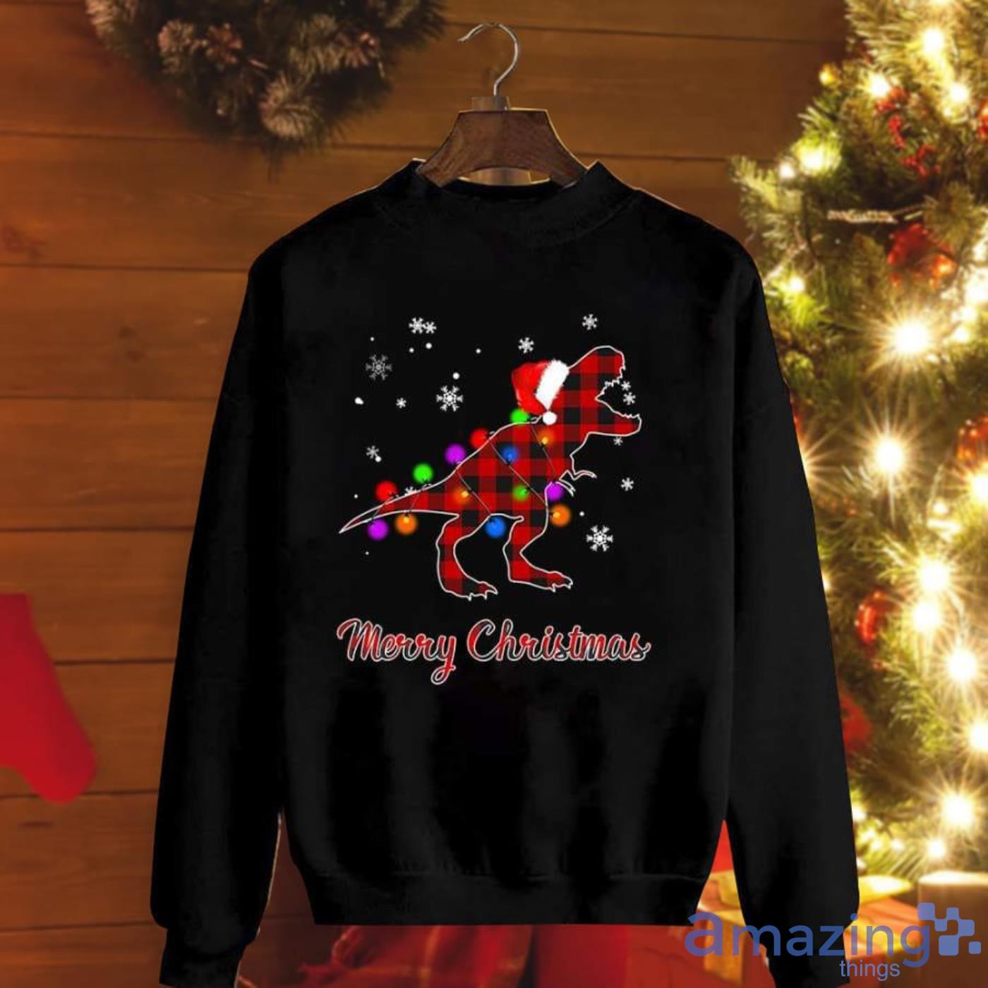 Dinosaurs Red Plaid Santa Hat Light Snow Christmas Sweatshirt Product Photo 1