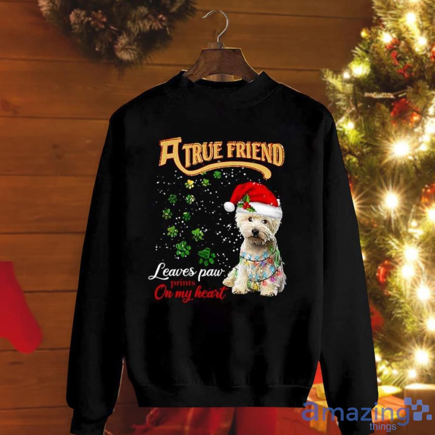 Dog A True Friend Leaves Paw Print On My Heart Santa Hat Colorful Light Christmas Sweatshirt Product Photo 1