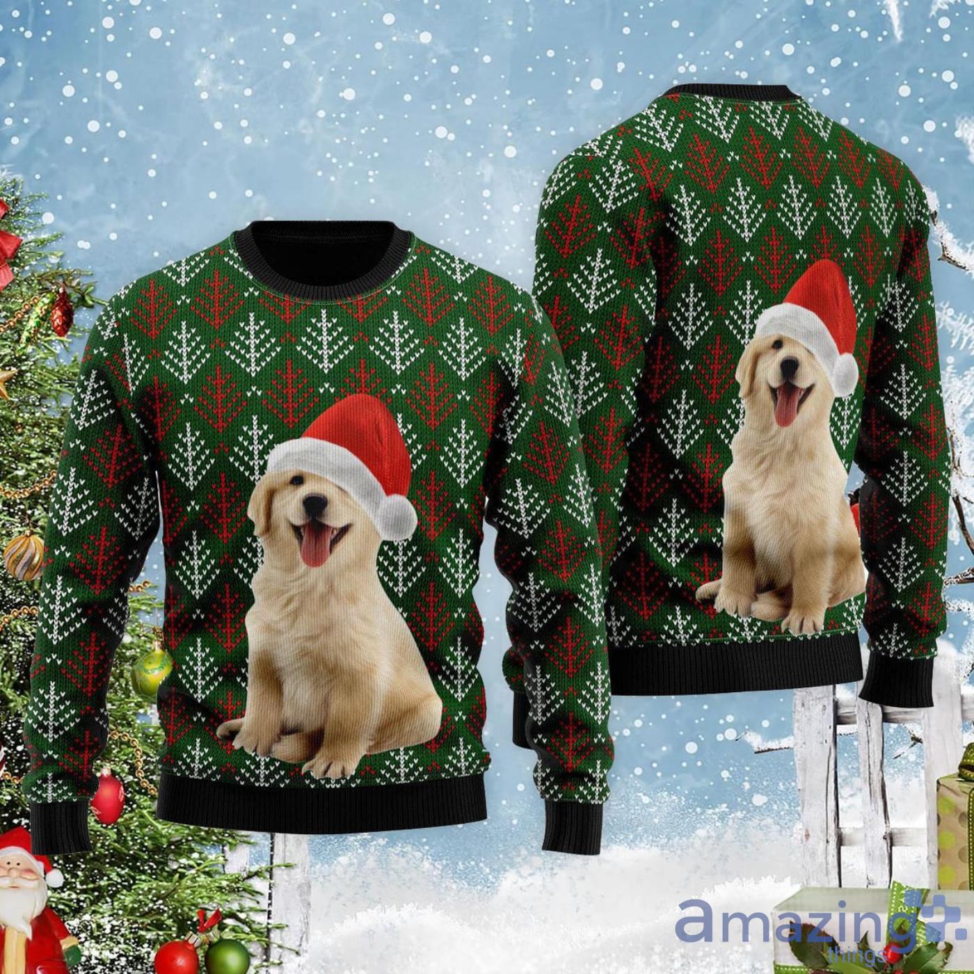 Dog Lover Golden Retriever Puppy Wears Santa Hat Ugly Christmas Sweater Product Photo 1