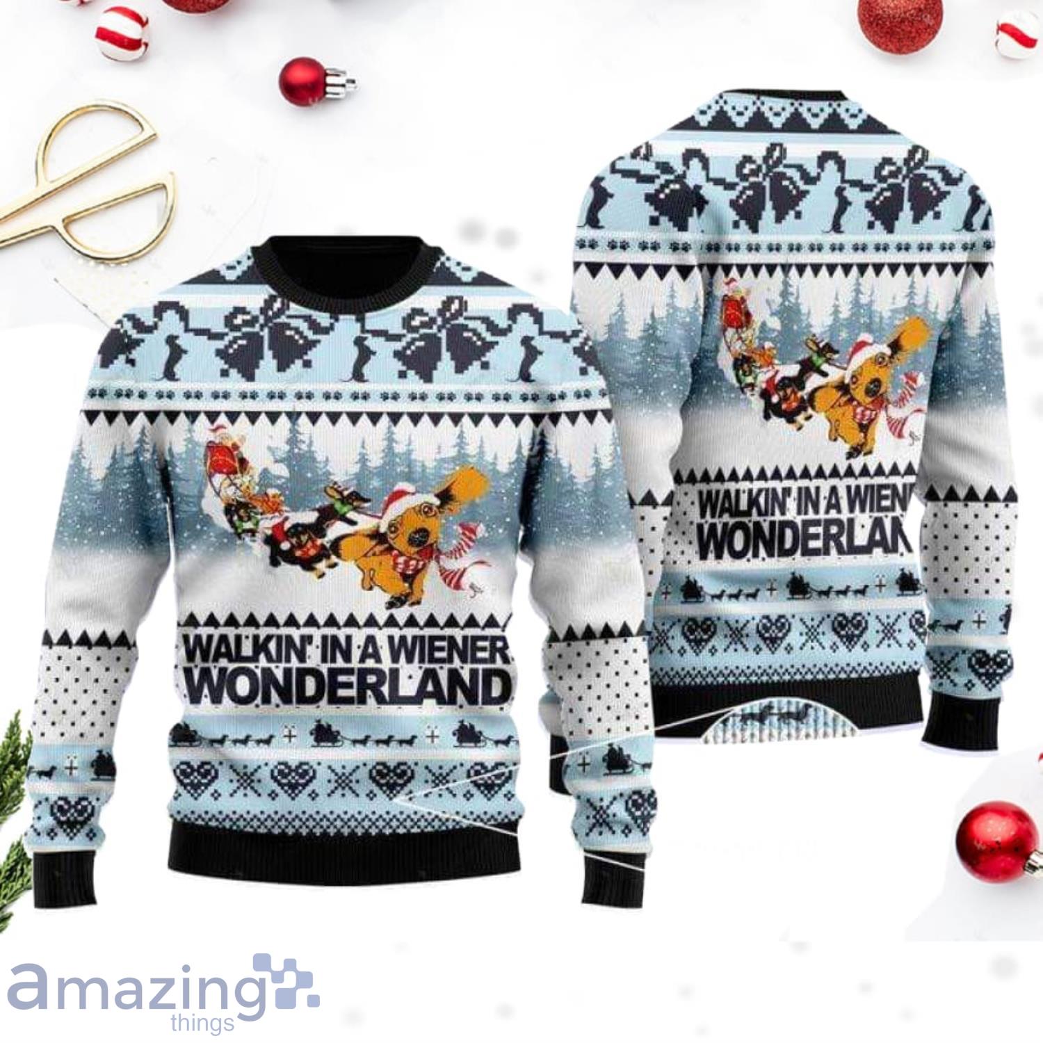 Dog Lover Walkin' In A Wiener Wonderland For Dachshund Christmas Ugly Sweater Product Photo 1