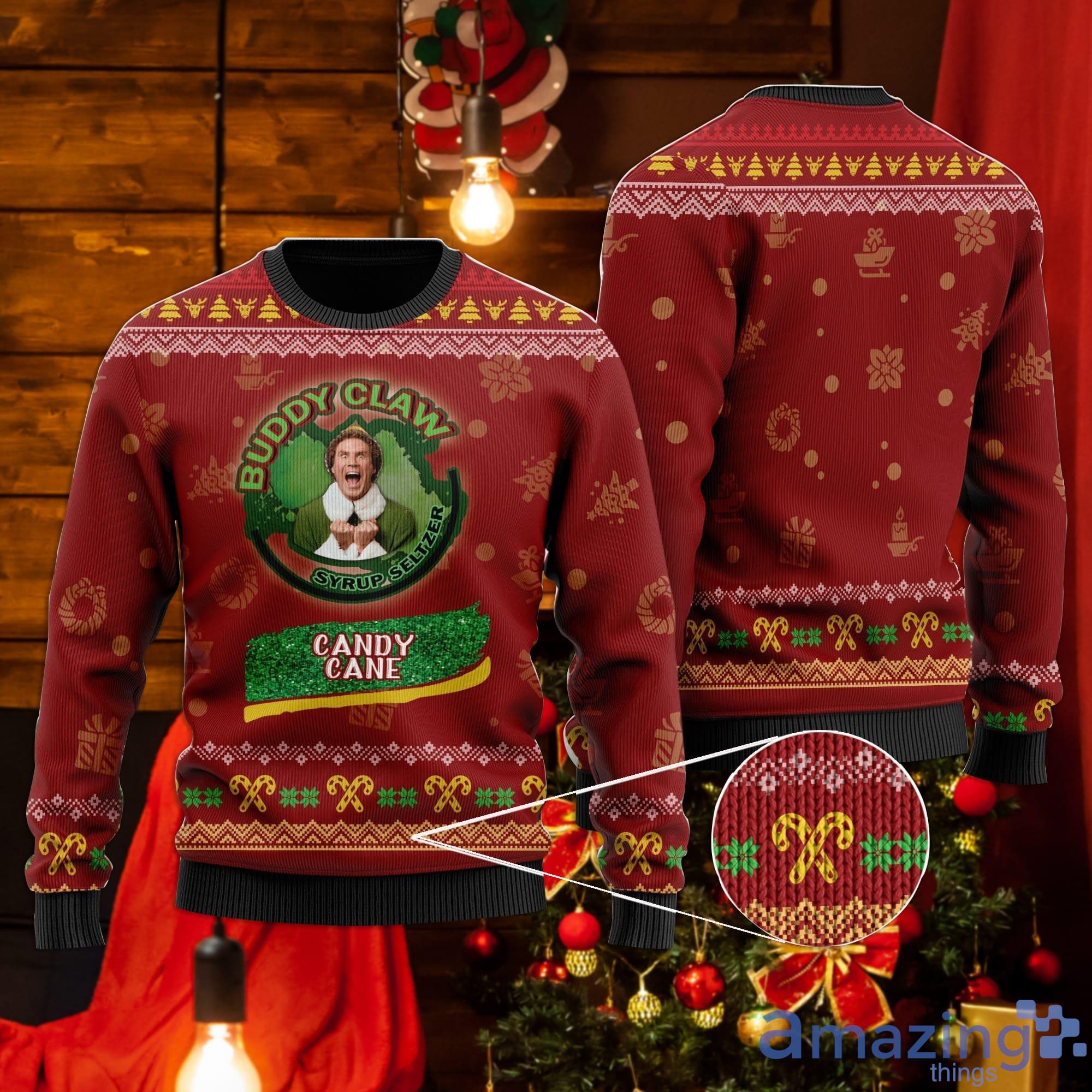 Elf Honest Buddy Claw Syrup Seltzer Candy Cane Ugly Christmas Sweater Product Photo 1