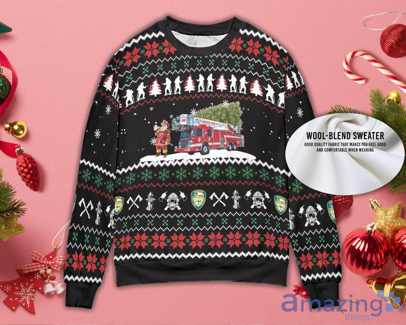 Fireman Firefighter Merry Christmas Fire Engine Fireman Ugly Christmas Sweater image Fireman Firefighter Merry Christmas Fire Engine Fireman Ugly Christmas Sweater Product Photo 3