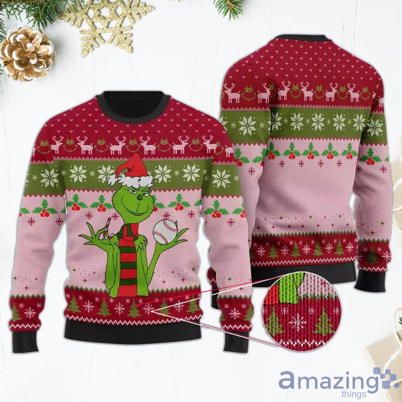 Funny Baseball Grinch Red Ugly Christmas Sweater Product Photo 1