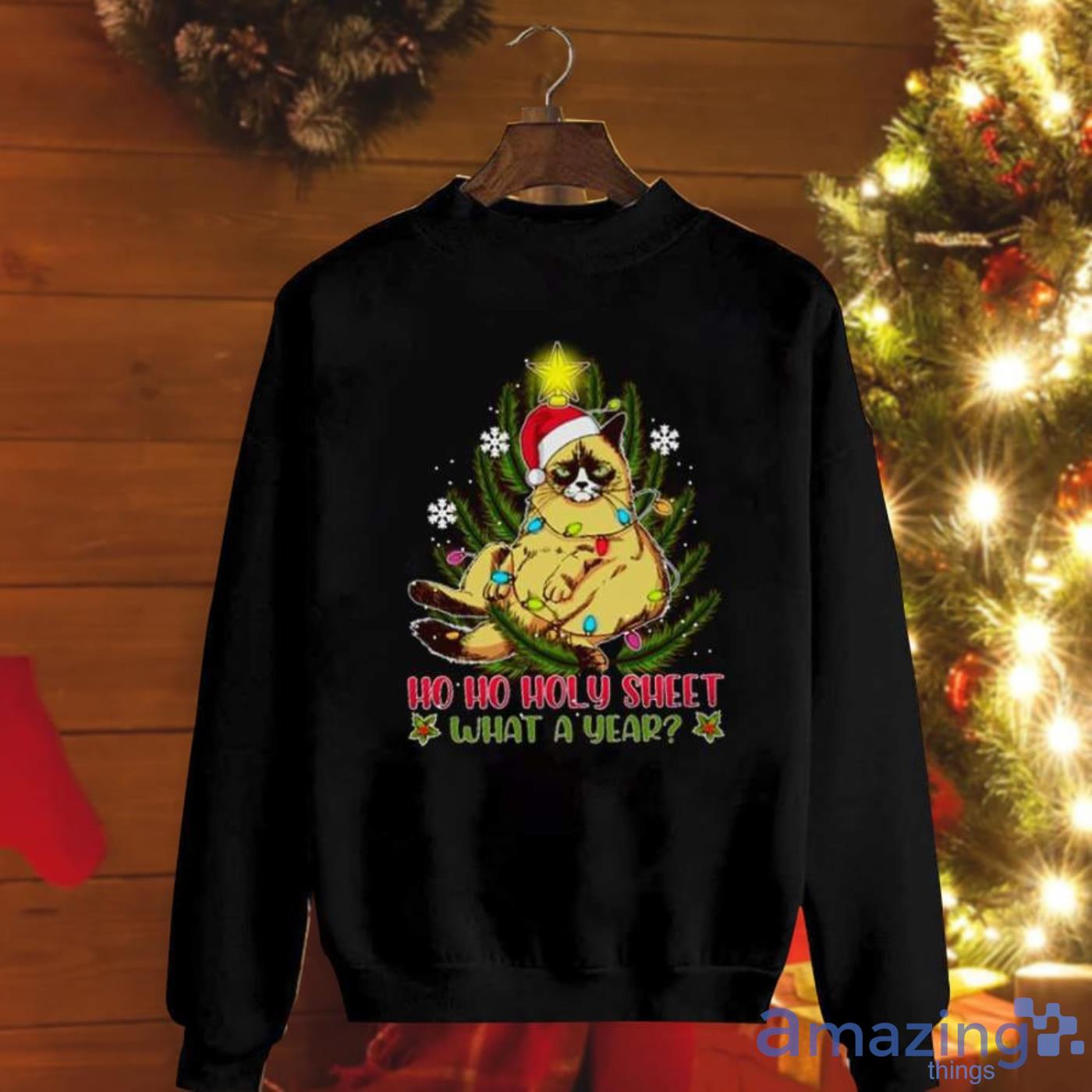Funny Cat Santa Ho Ho Sweet What A Year Christmas Tree Christmas Sweatshirt Product Photo 1