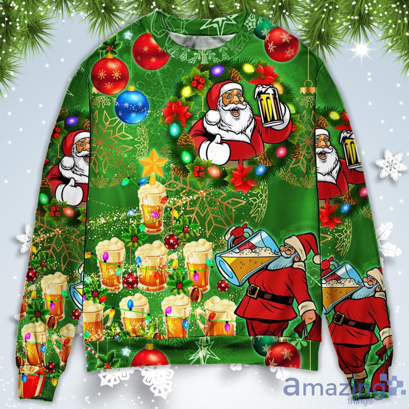 Funny Santa Claus Drinking Beer Happy Tree Green Light Christmas Sweatshirt Sweater Product Photo 1