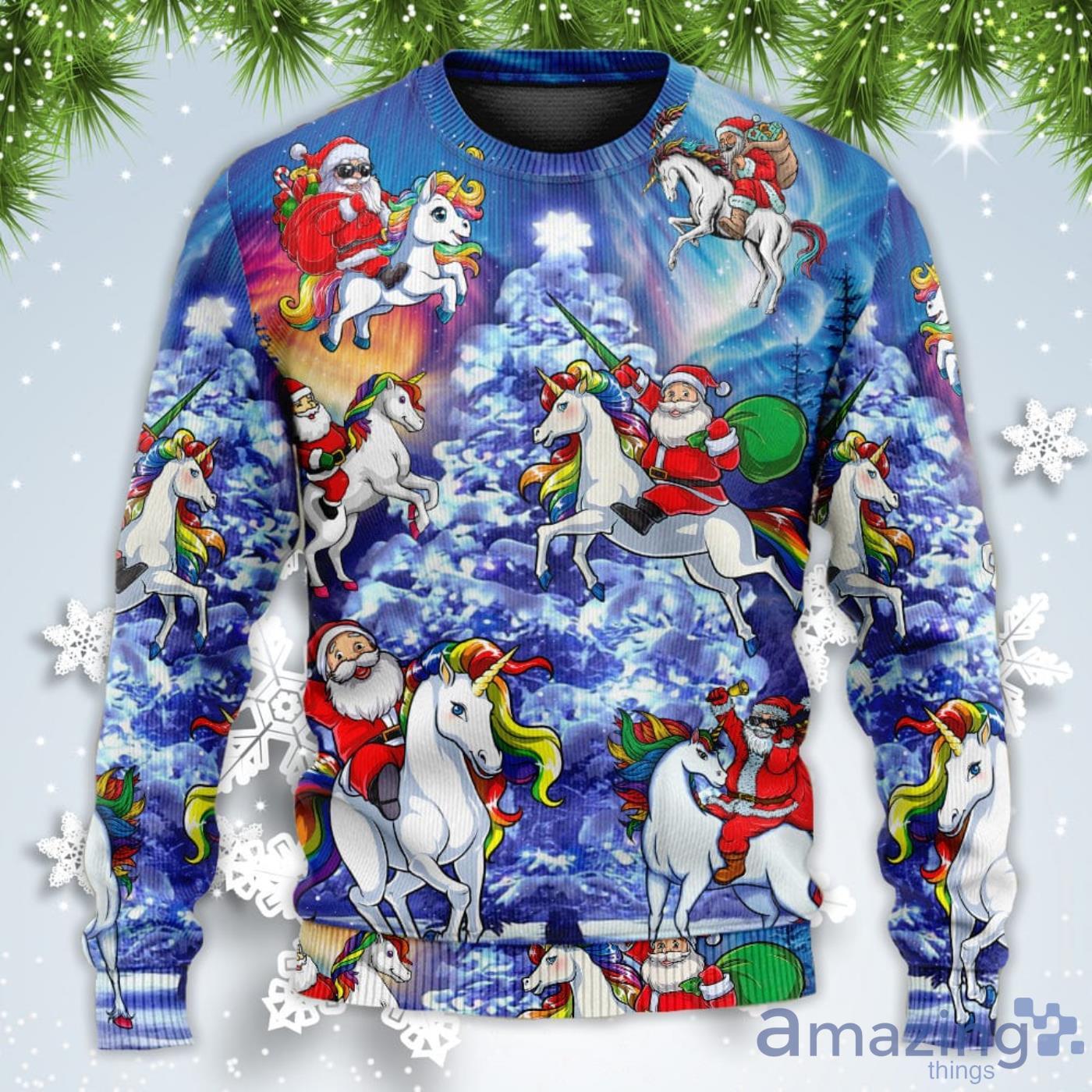 Ugly christmas sweater discount santa riding a unicorn