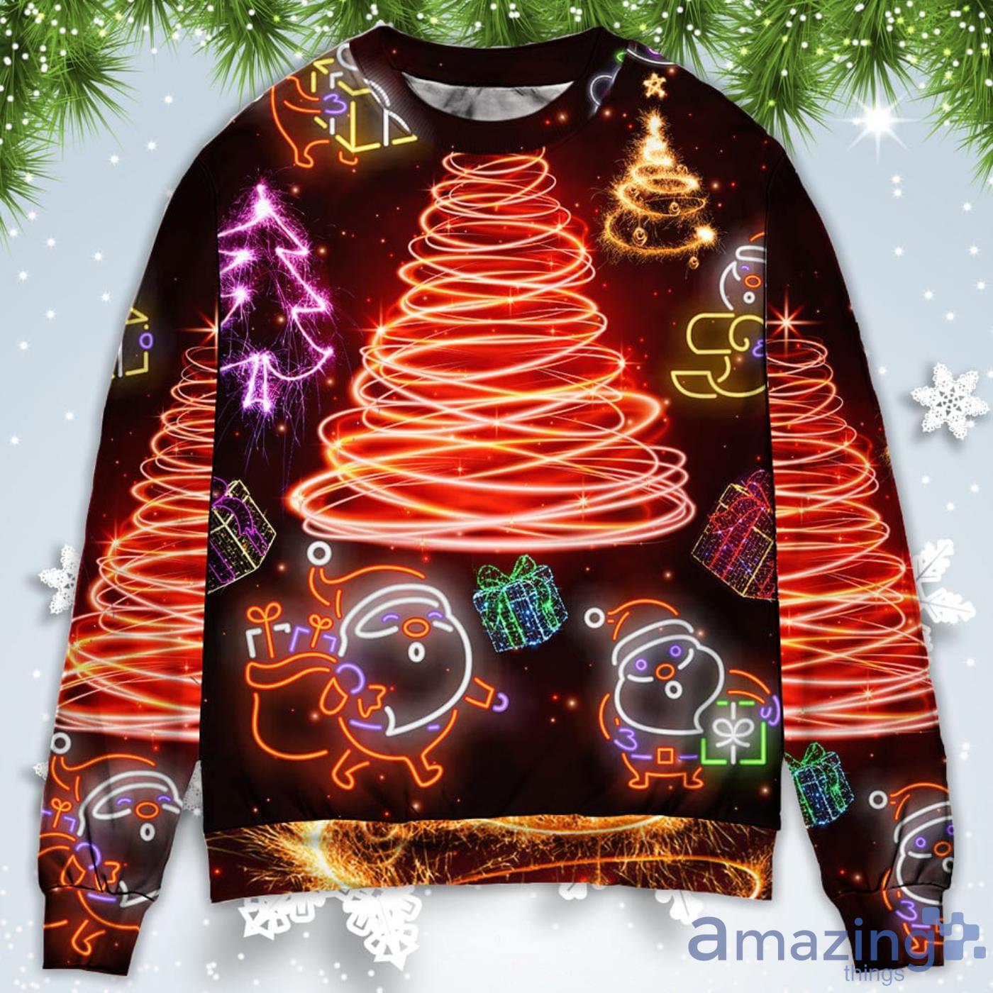 Funny Santa Claus Tree Red Neon Light Style Christmas Sweatshirt Sweater Product Photo 1