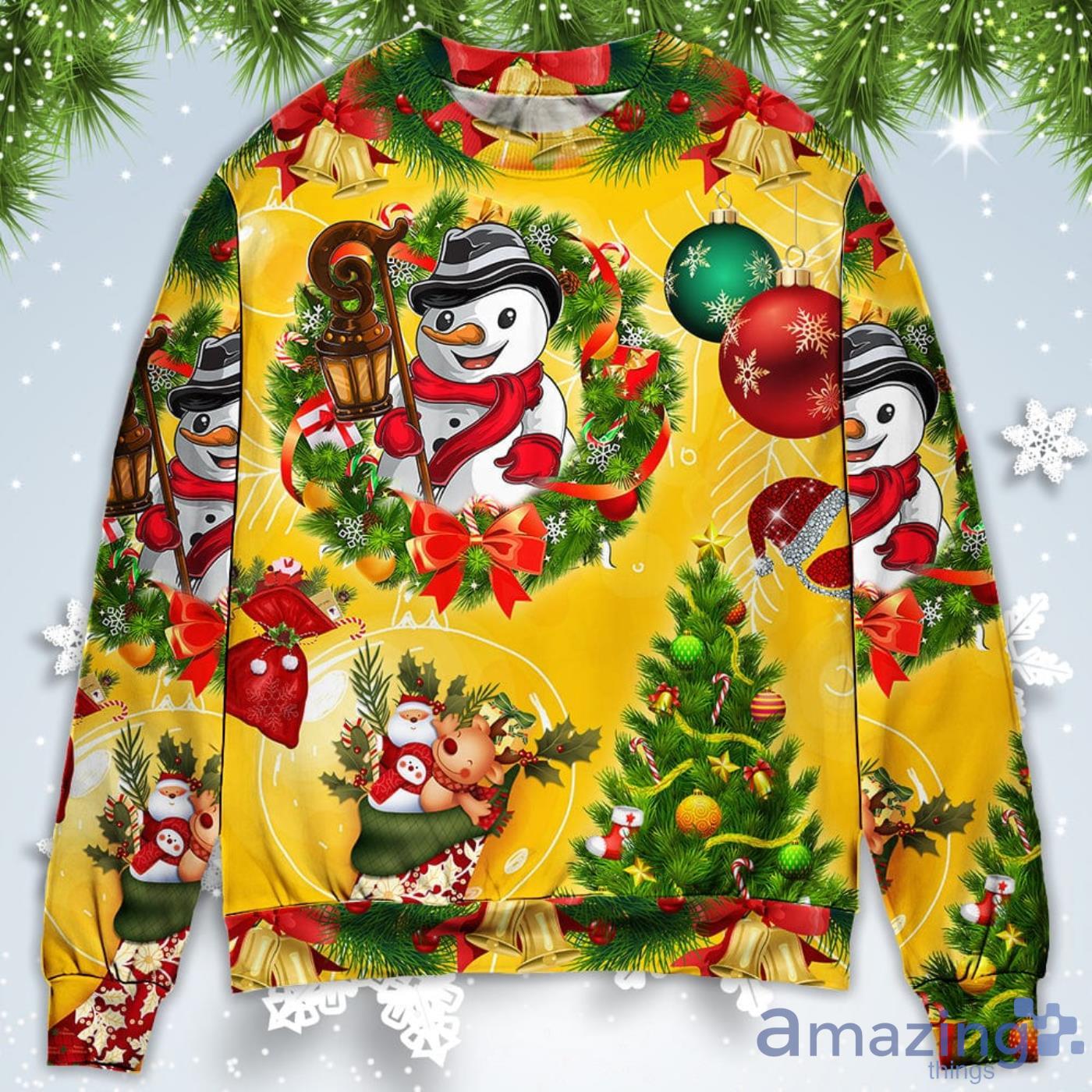 Funny Snowman Happy Tree Yellow Light Christmas Sweatshirt Sweater Product Photo 1
