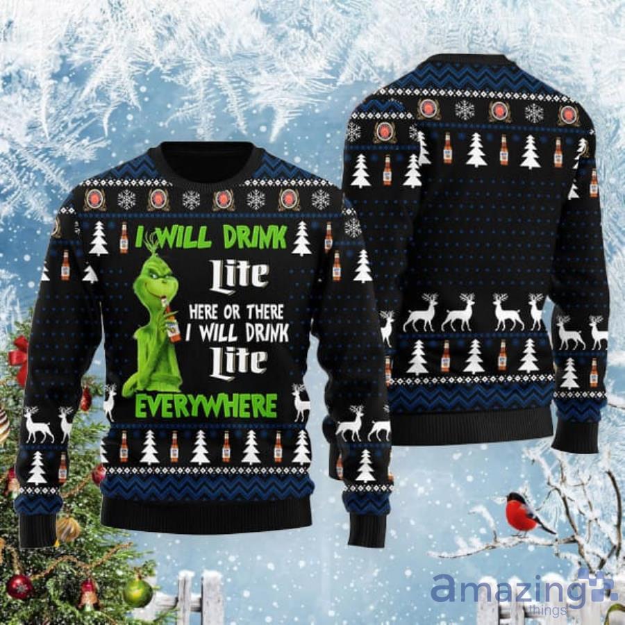 Grinch I Will Drink Miller Lite Everywhere Christmas Gift Christmas Ugly Sweater Product Photo 1