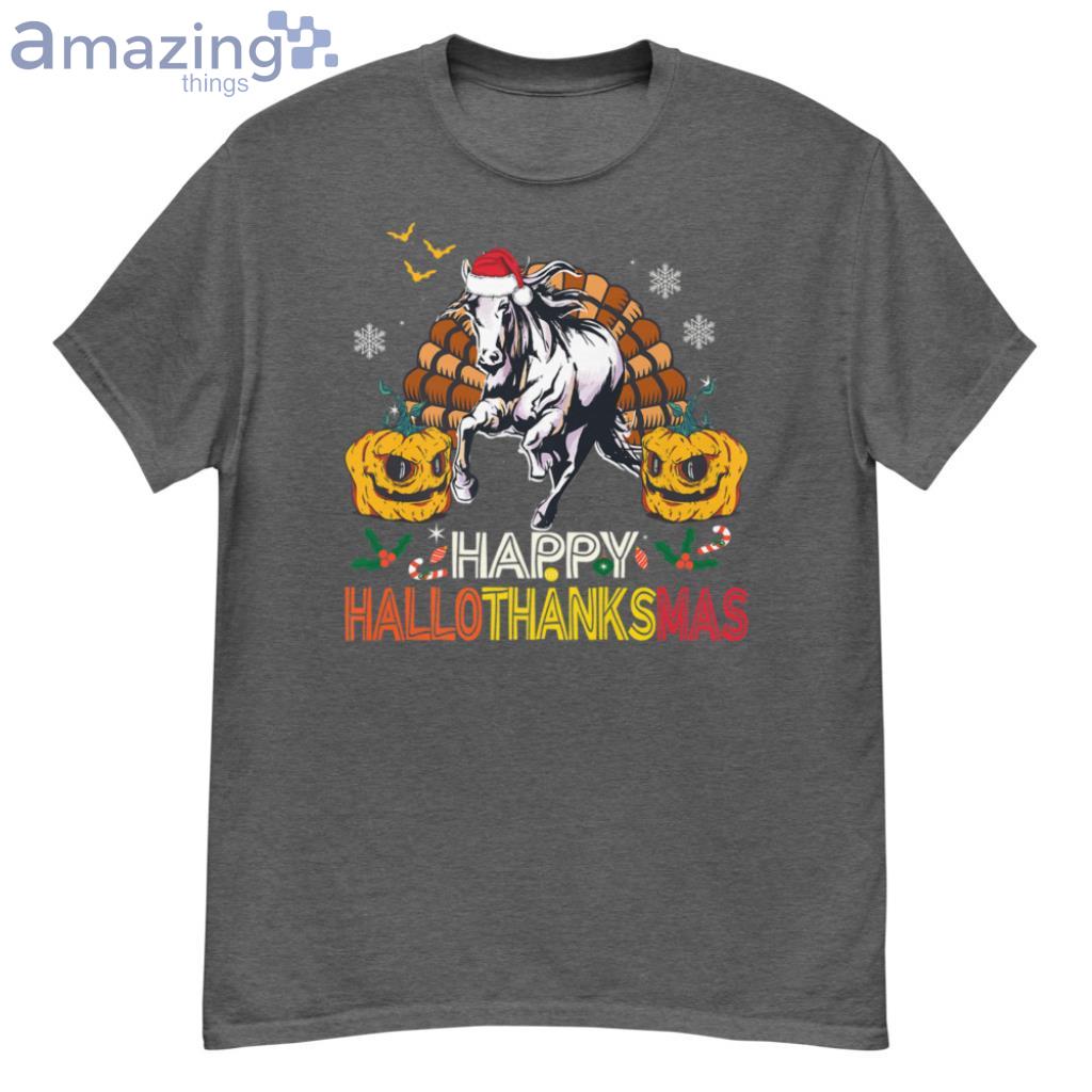 HalloThanksMas Horse Halloween Thanksgiving Christmas Premium T-Shirt Product Photo 1