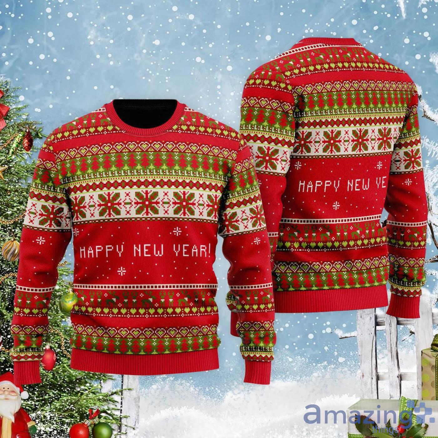 Happy New Year Red Xmas Wonderful Party Pattern Ugly Christmas Sweater image Happy New Year Red Xmas Wonderful Party Pattern Ugly Christmas Sweater Product Photo 2