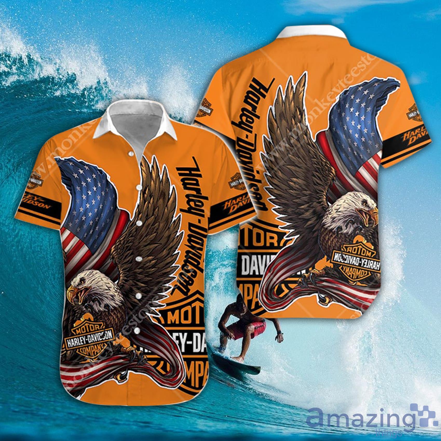 Harley Davidson American Flag And Eagle Short Sleeve Hawaiian Shirt Product Photo 1