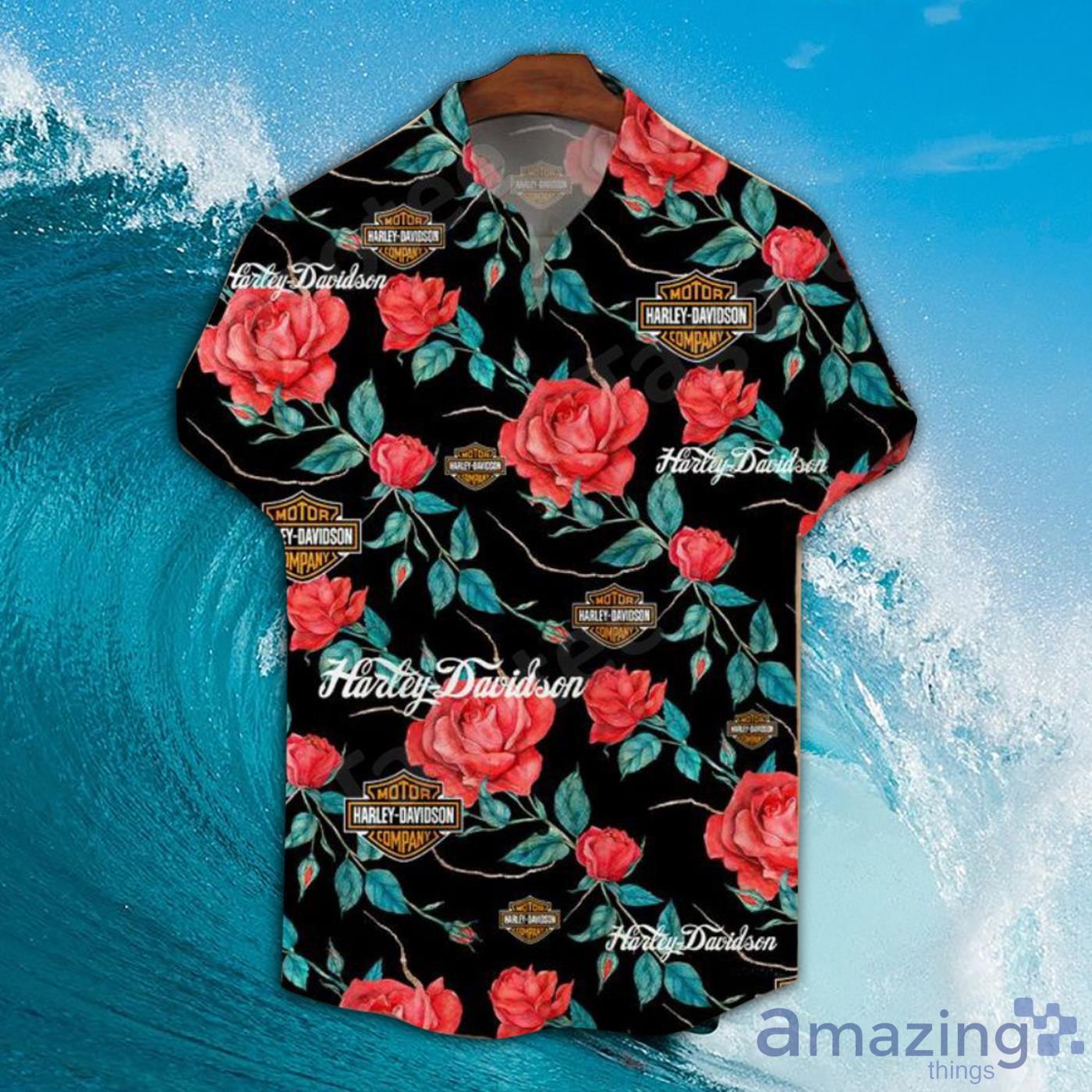 Harley Davidson And Red Rose Pattern Hawaiian Shirt Product Photo 1