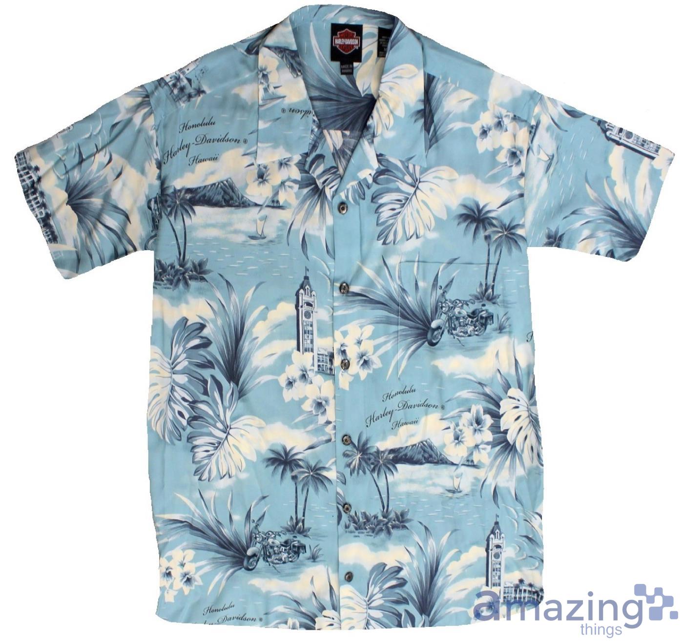 Harley-Davidson And Tropical Flowers Blue Hawaiian Shirt Product Photo 1