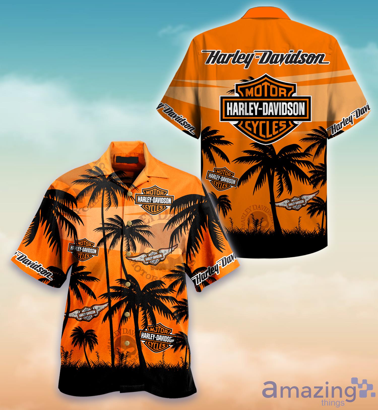 Harley Davidson Anf Palm Trees Orange SunSet Hawaiian Shirt Product Photo 1