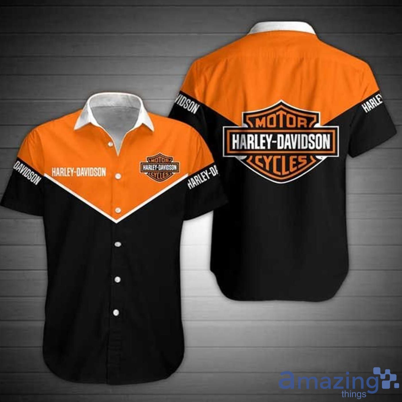 Harley-Davidson Logo Black Orange Short Sleeves Hawaiian Shirt Product Photo 1