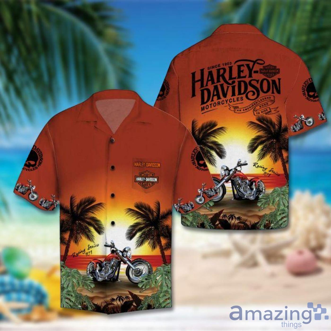 Harley Davidson Motorbike And Sunset Beach Short Sleeves Hawaiian Shirt Product Photo 1