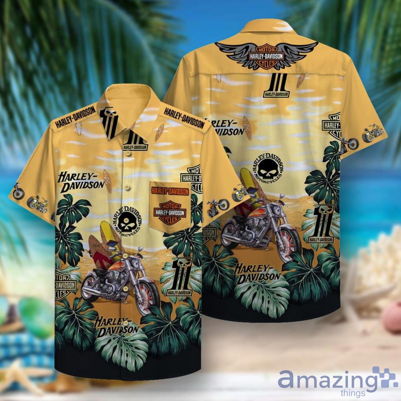 Harley Davidson Motorbike And Tropical Leaf Short Sleeves Hawaiian Shirt Product Photo 1