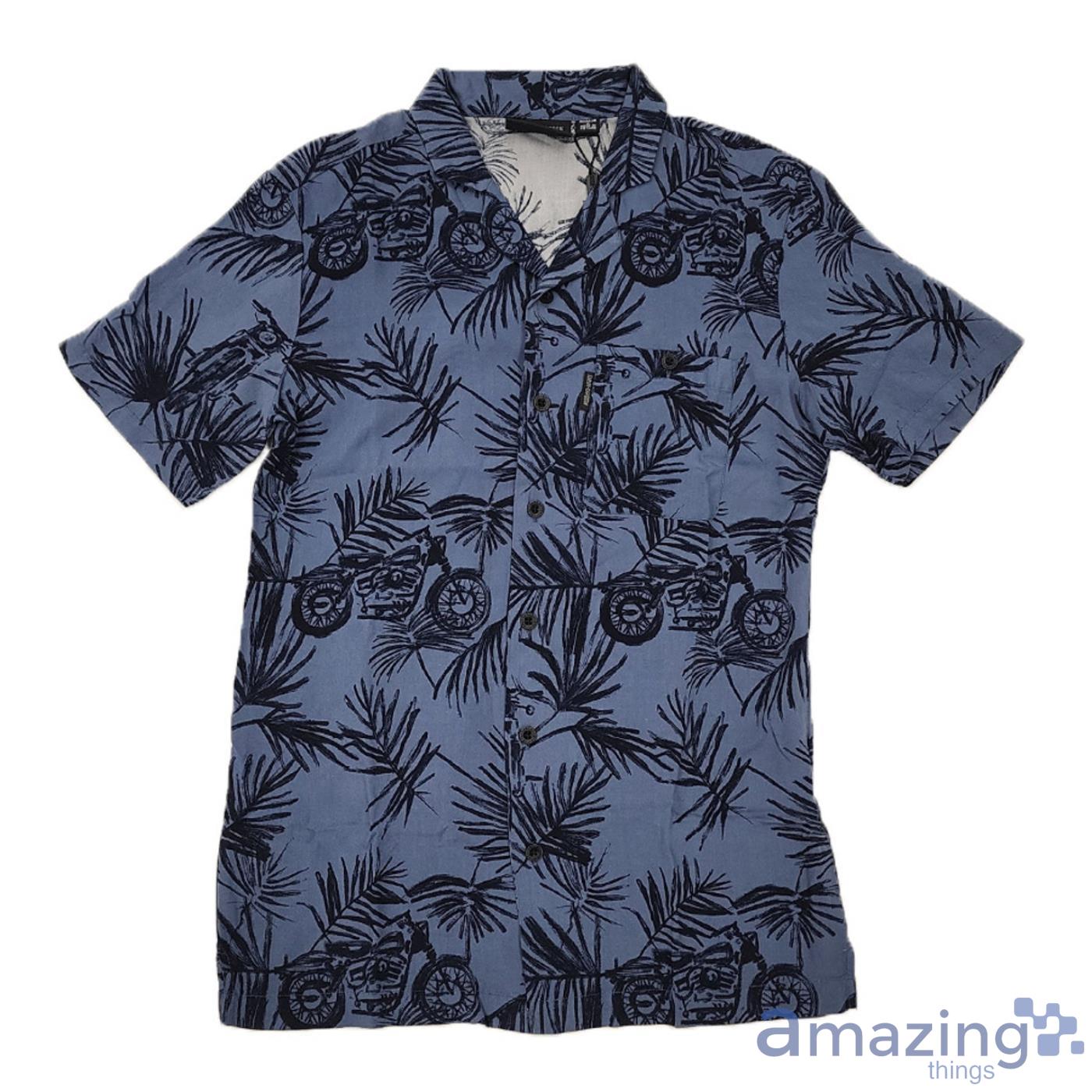 Harley-Davidson Motorcycles And Palm Leaves Short Sleeve Hawaiian Shirt Blue Product Photo 1