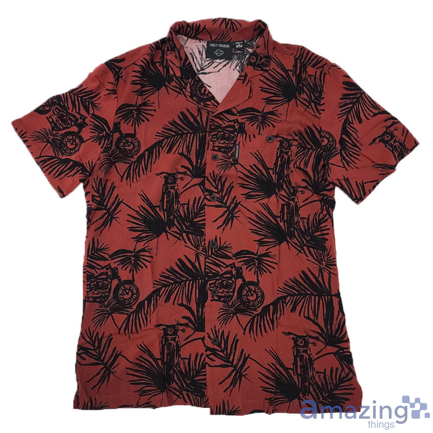 Harley-Davidson Motorcycles And Palm Leaves Short Sleeve Hawaiian Shirt Red Product Photo 1
