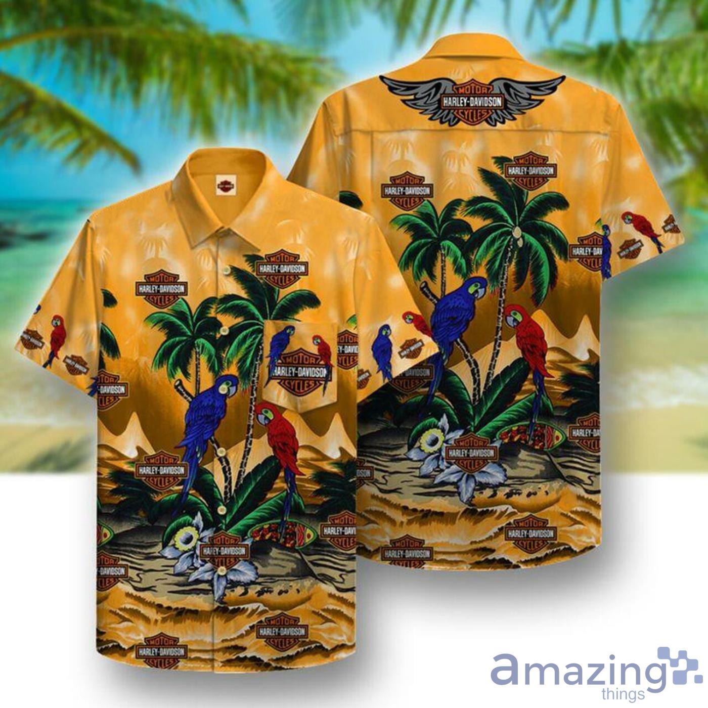 Harley Davidson Palm Tree And Birds Hawaiian Shirt Product Photo 1