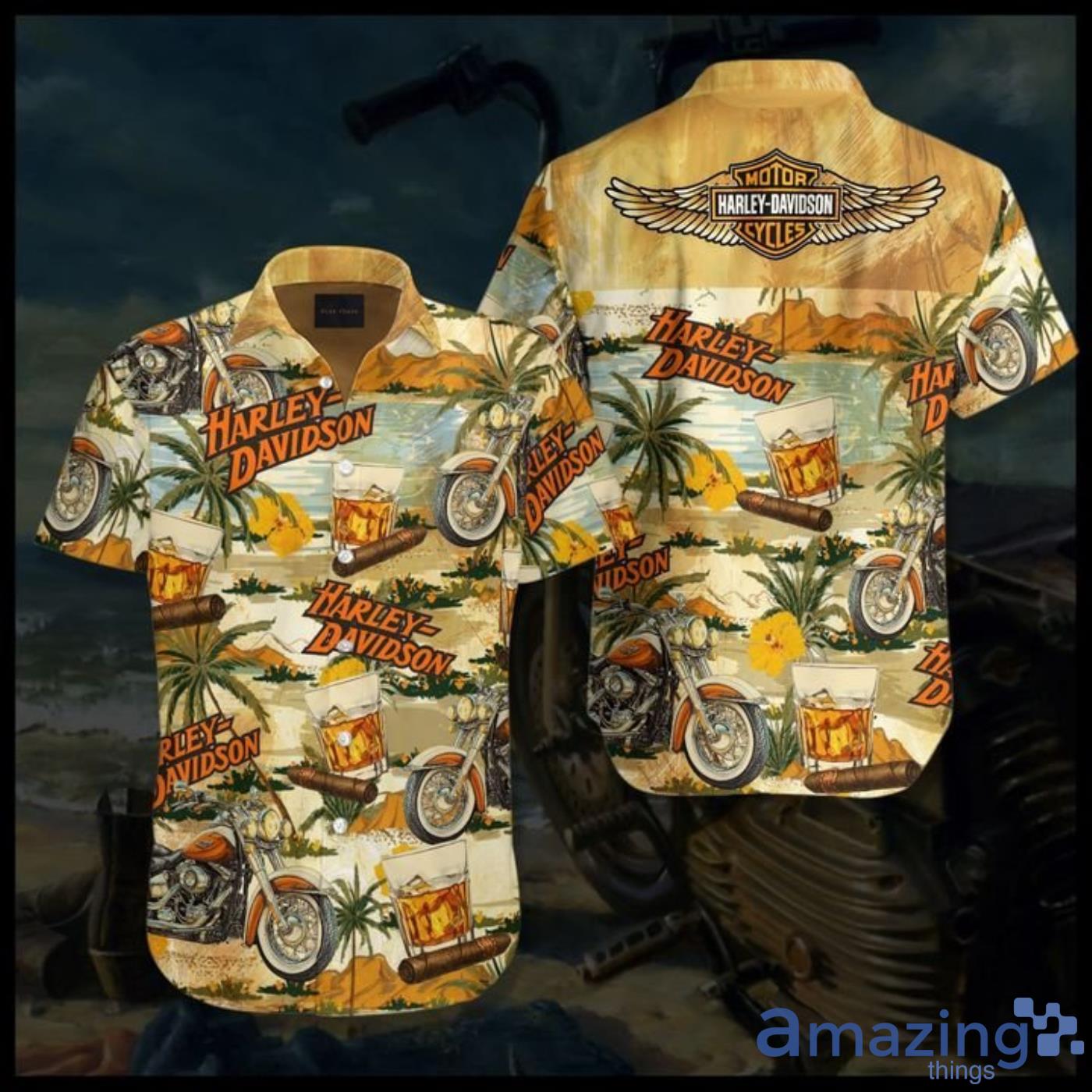 Harley Davidson Palm Trees And Motorbike Short Sleeves Hawaiian Shirt Product Photo 1