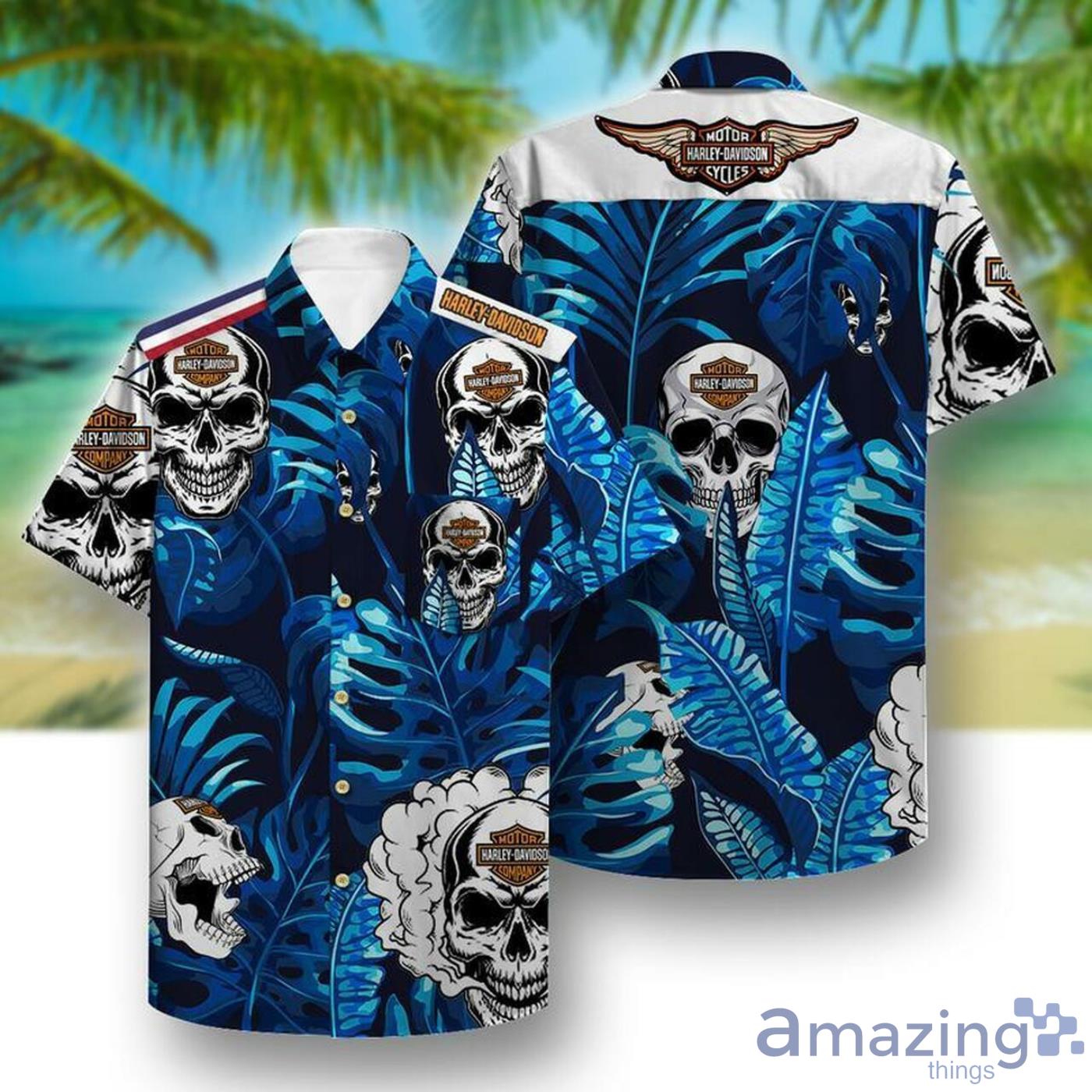 Harley Davidson Skull And Tropical Pattern Full Print Hawaiian Shirt Product Photo 1