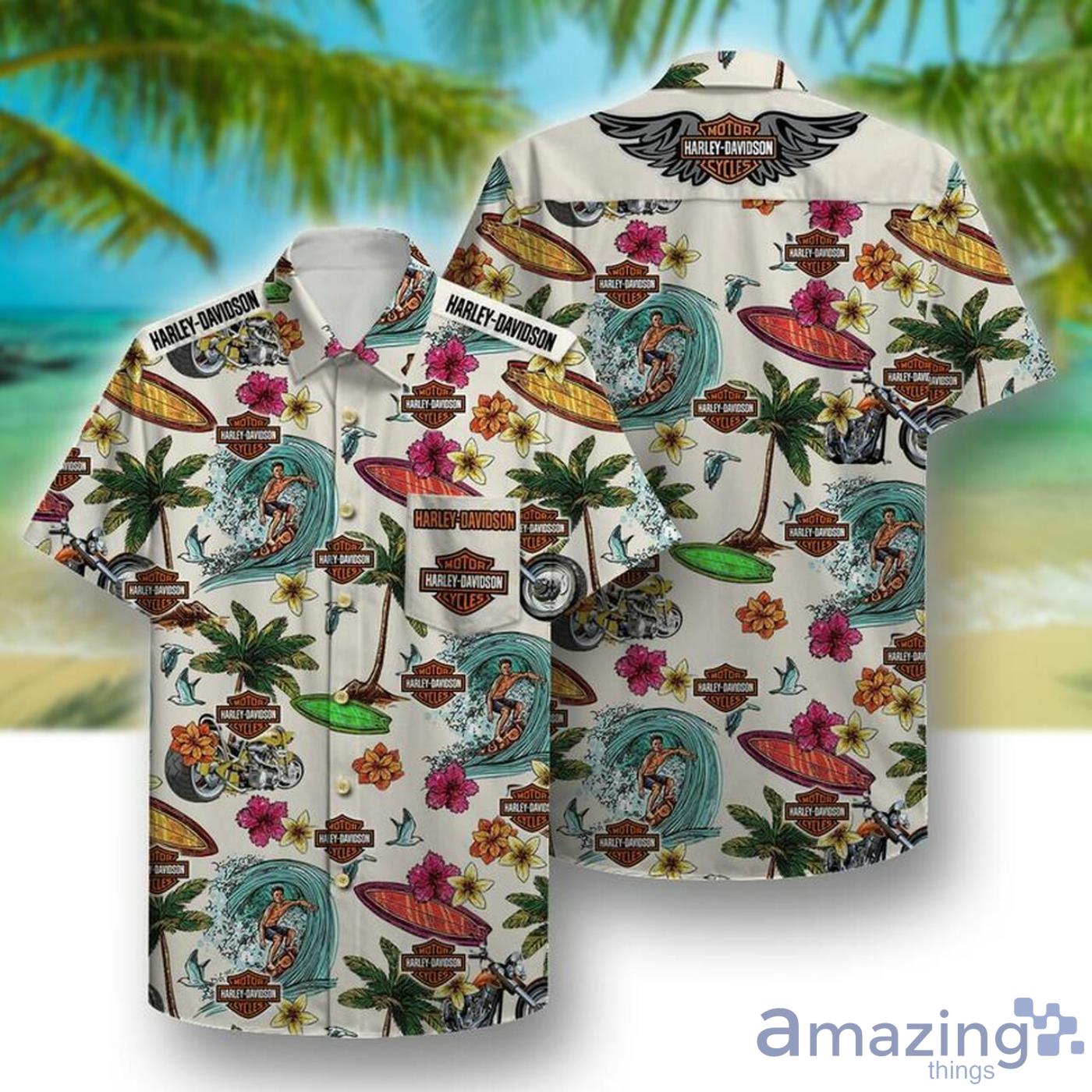 Harley Davidson Symbol Motorbike Beach Short Sleeves Hawaiian Shirt Product Photo 1