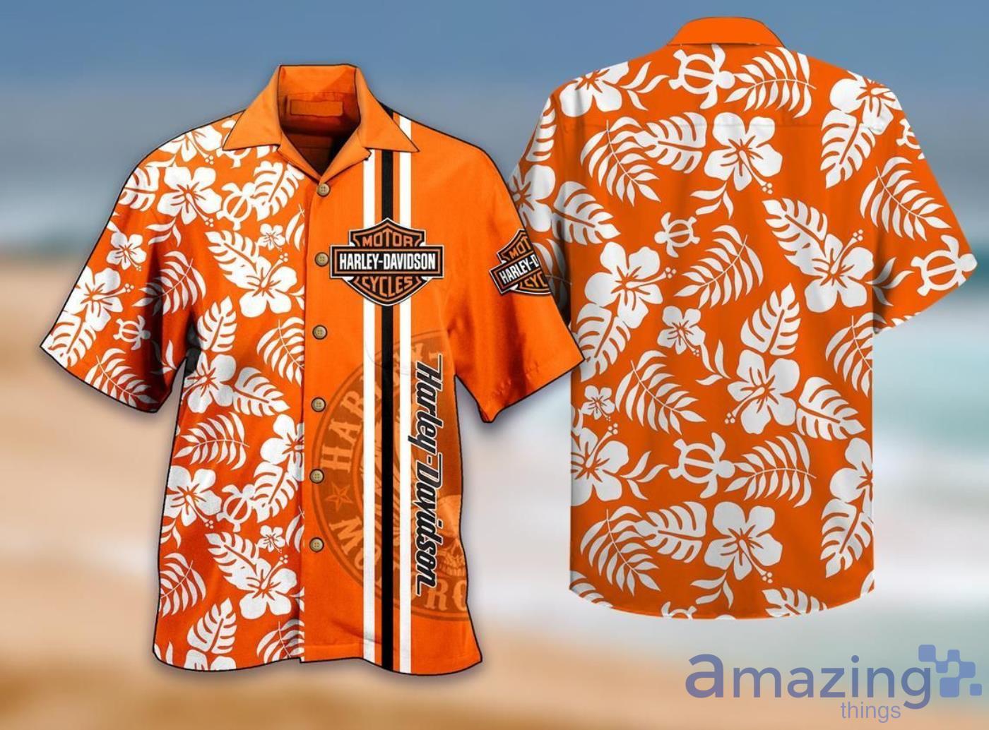 Harley-Davidson Tropical Pattern Orange Hawaiian Shirt Product Photo 1