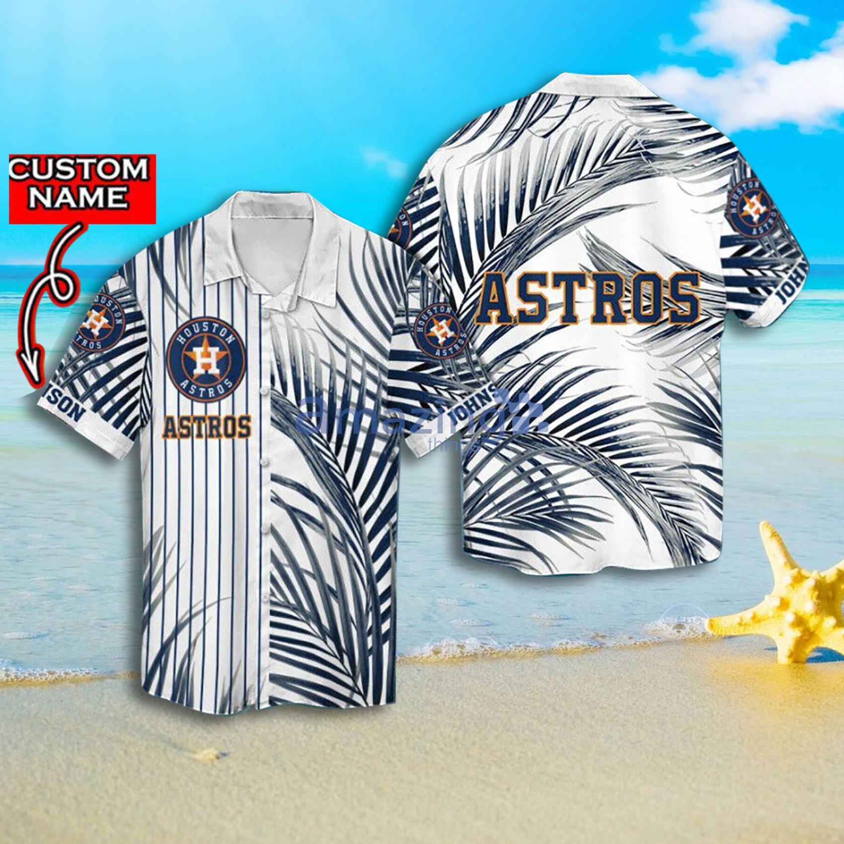 Houston Astros Logo And Palm Leaf Custom Name Short Sleeves Hawaiian Shirt Product Photo 1