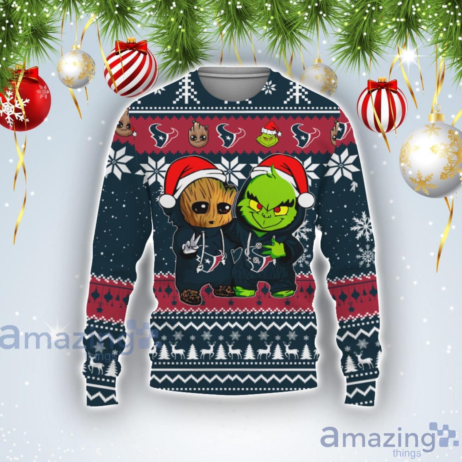 Houston Texans Baby Groot And Grinch NFL Ugly Christmas Sweater - Tagotee