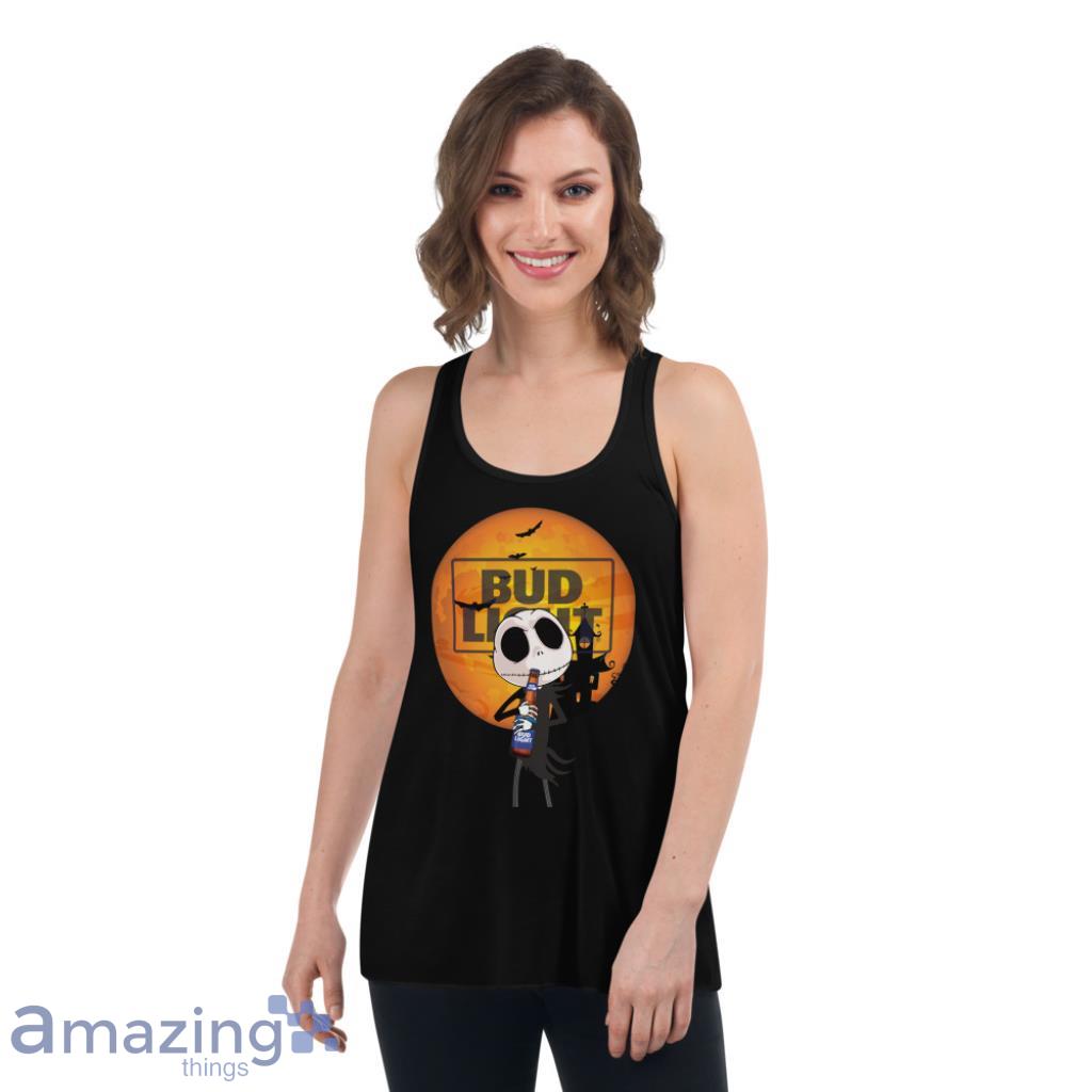 Jack Skellington Hold Bud Light Beer Halloween Shirt image Jack Skellington Hold Bud Light Beer Halloween Shirt - Womens Flowy Racerback Tank