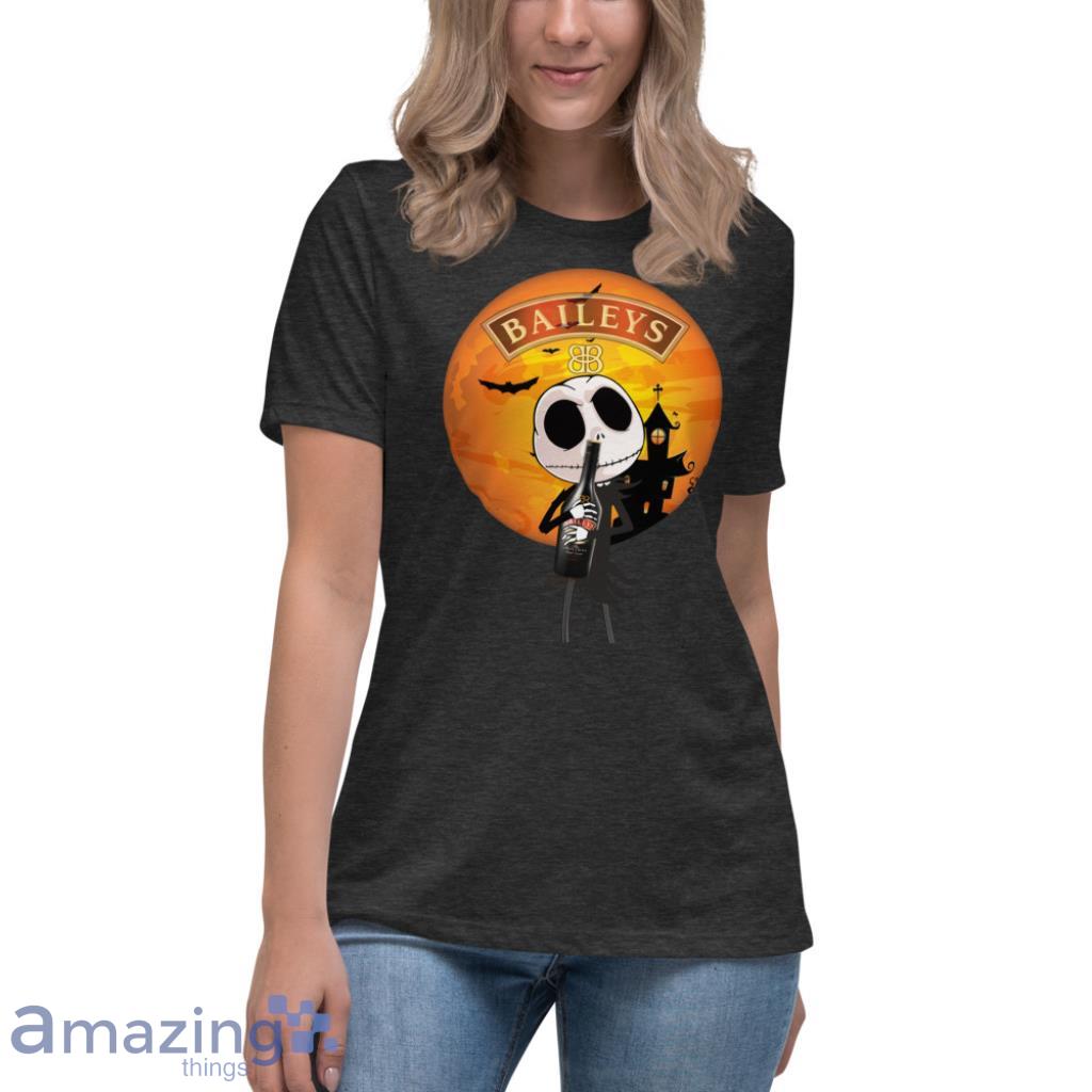 Jack Skellington Hug Liqueur Coffee Aguardiente Baileys Irish Cream Halloween Shirt image Jack Skellington Hug Liqueur Coffee Aguardiente Baileys Irish Cream Halloween Shirt - Womens Relaxed Short Sleeve Jersey Tee-1