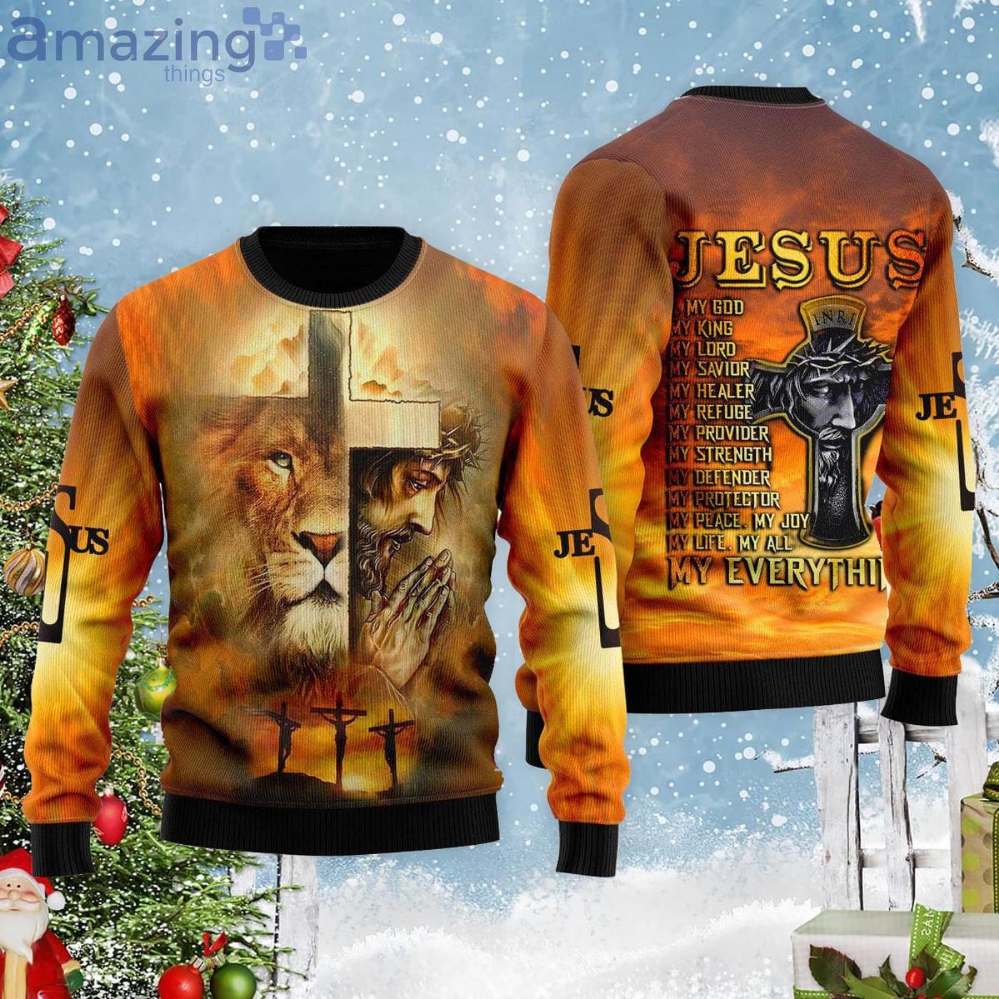 Jeus Is My God Cross And Jesus Ugly Christmas Sweater Product Photo 1