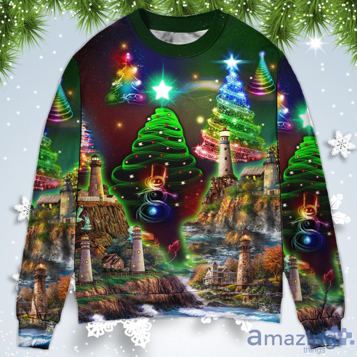 Lighthouse And Merry Happy Christmas Sweatshirt Sweater Product Photo 1