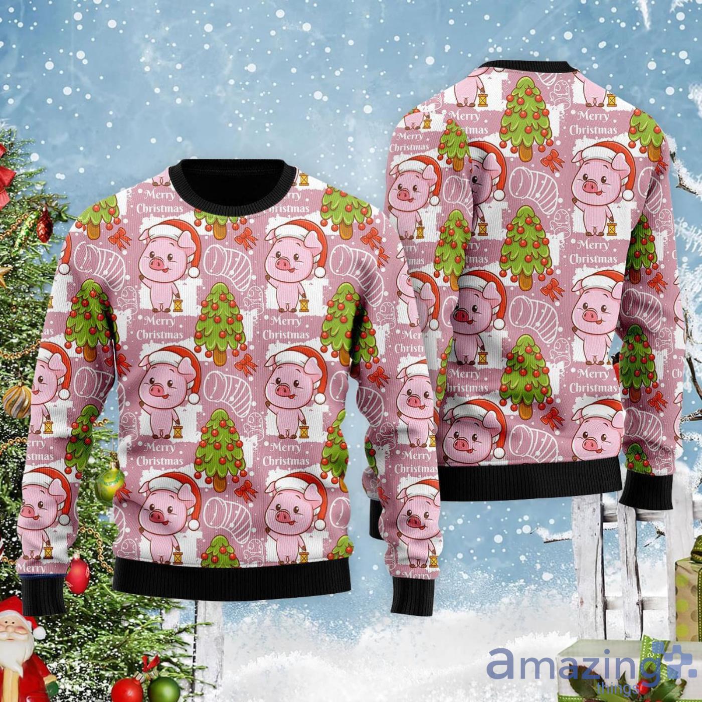 Lovely Pig On Pink All Over Print Ugly Christmas Sweater Product Photo 1