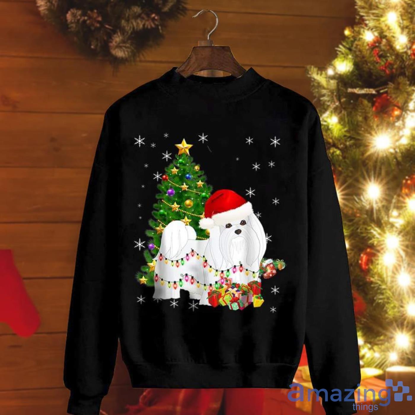 Maltese Christmas Tree Lights Funny Dog Xmas Gifts Santa Hat Snow Christmas Sweatshirt Product Photo 1