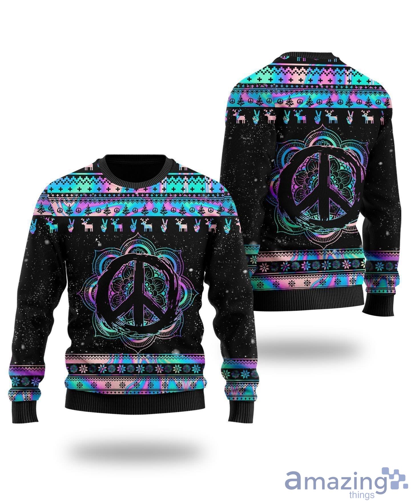 Mandala Peace Sign For Hippie Lovers On Christmas Days Hippie Holographic Ugly Christmas Sweater Product Photo 1