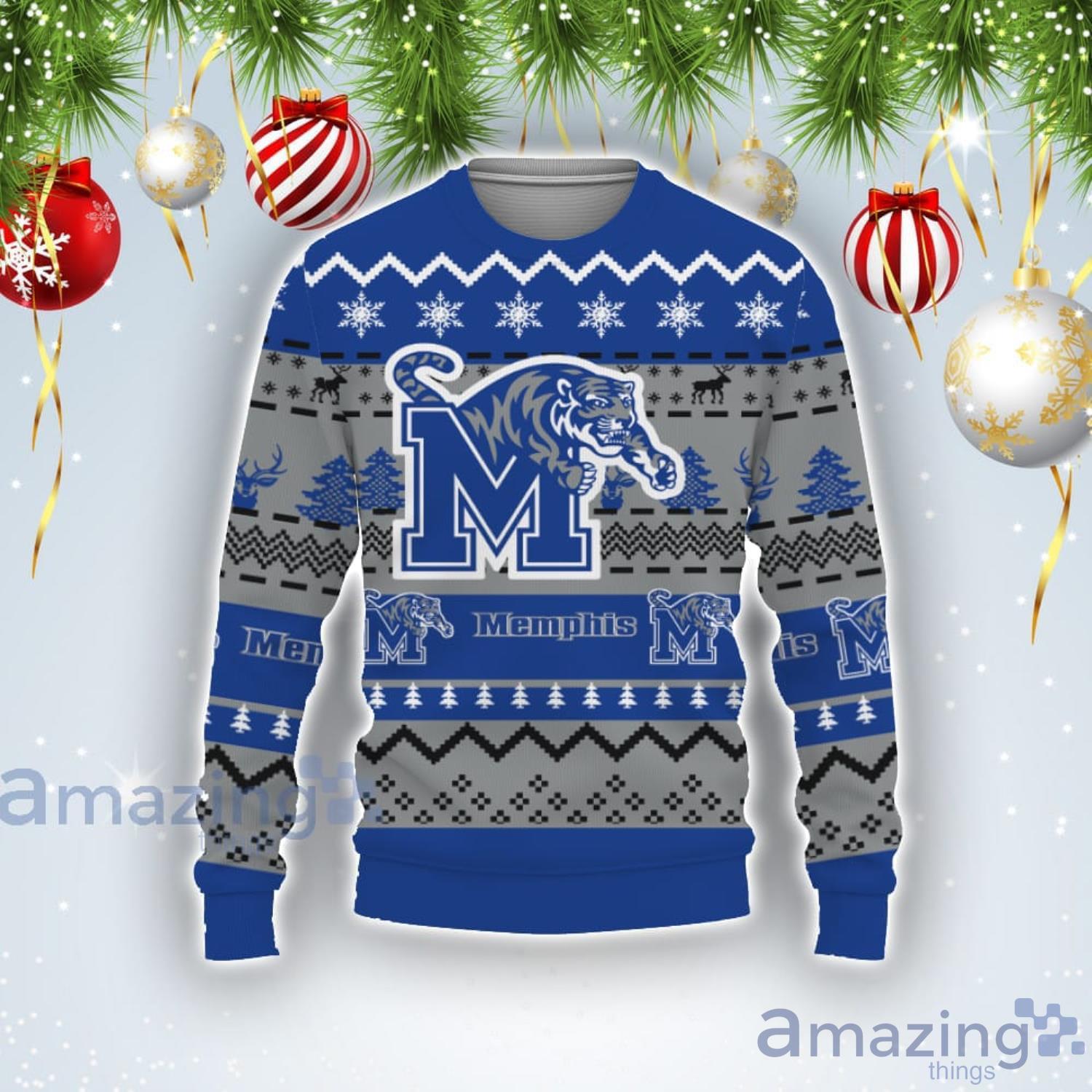 Merry Christmas Snow Pattern Funny Cute Memphis Tigers Ugly Christmas Sweater Product Photo 1