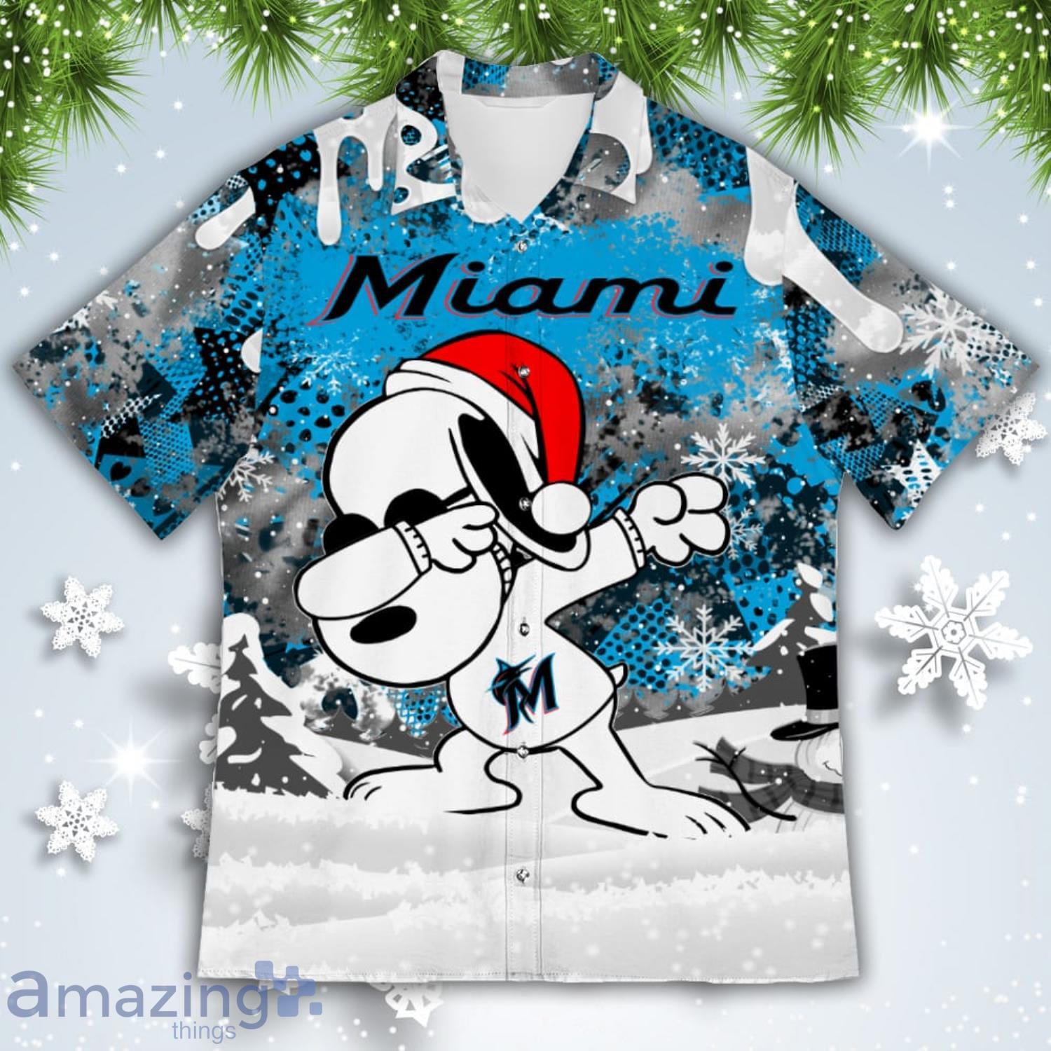 Miami Marlins Snoopy Dabbing The Peanuts American Christmas Dripping Hawaiian Shirt image Miami Marlins Snoopy Dabbing The Peanuts American Christmas Dripping Hawaiian Shirt Product Photo 2