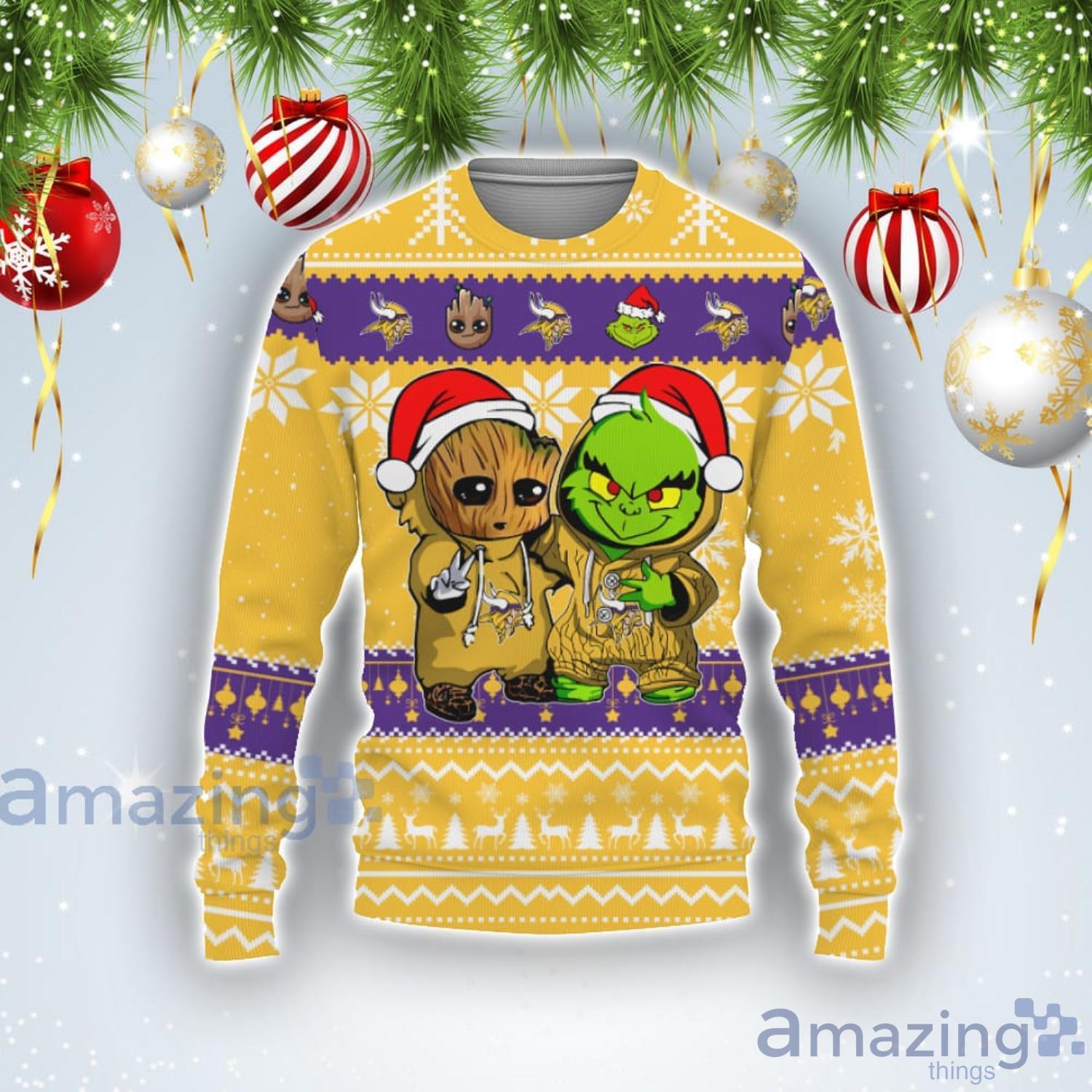 Minnesota Vikings Baby Groot And Grinch Best Friends Football American Ugly Christmas Sweater Product Photo 1